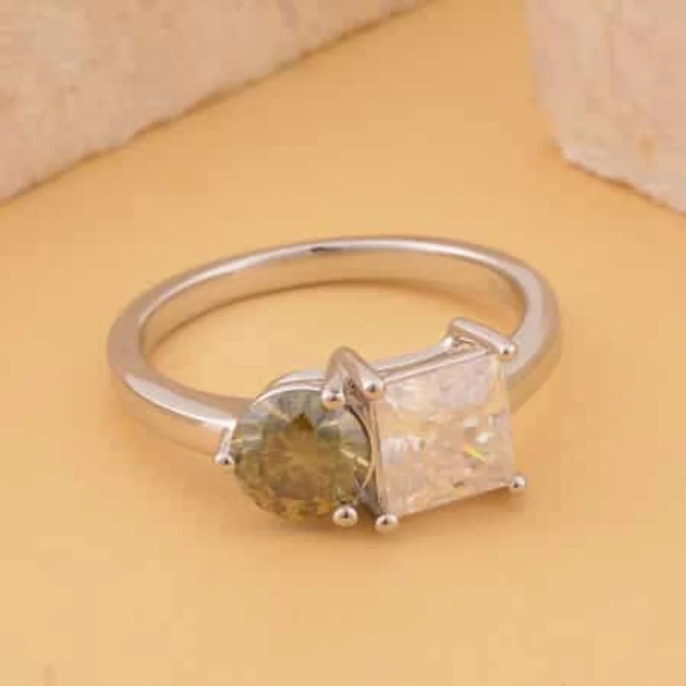 Genuine Moissanite White & Green Toi Et Moi Ring - Picture 4 of 6